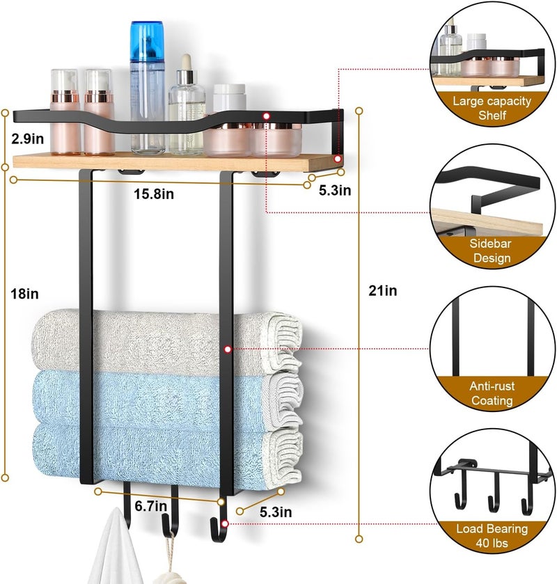 BSNBIC Towel Racks for Bathroom, Wall Mounted Towel Rack for Bathroom, Wall Towel Rack for Rolled Towels, Towel Storage for Small Decor-Black - Image 3
